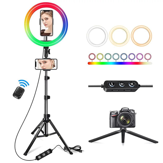 13" LED RGB Selfie Ring Light W/ Mini & Extendable Tripod Stand & Phone Holder 10 Brightness Level 26 Light Modes Dimmable Ringlight for Beauty Makeup Live Streaming Youtube Video Photography Shooting